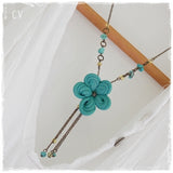 Extra Long Beaded Turquoise Polymer Clay Flower Necklace