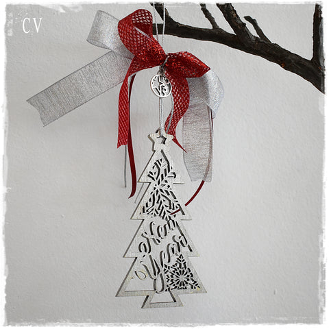 Silver and Red Christmas Tree Ornament