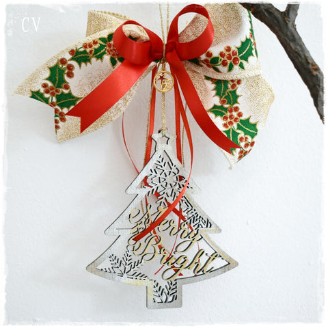 Silver Christmas Tree Ornament with mistletoe ribbon