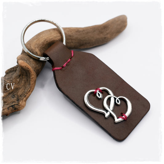 Interlocking Hearts Leather Keychain