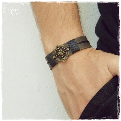 Nautical Compass Leather Bracelet Cuff