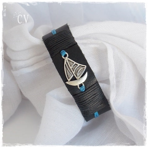 Men's Leather Sailing Boat Bracelet Cuff