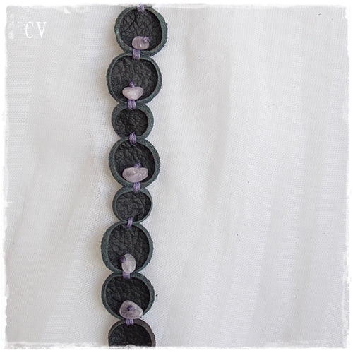 Organic Amethyst Black Leather Bracelet
