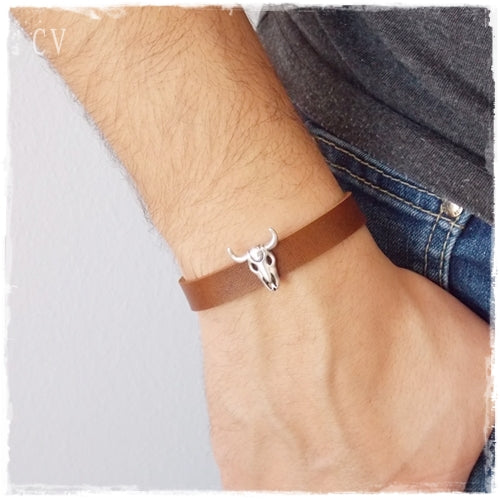 Rustic Bull Skull Leather Bracelet 