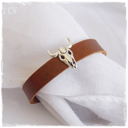 Bull Skull Leather Bracelet for Men