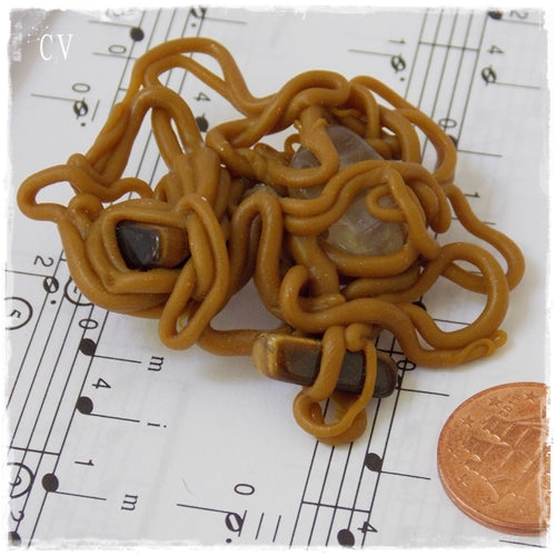 Tiger's Eye & Rutilated Quartz Spaghetti Polymer Clay Brooch