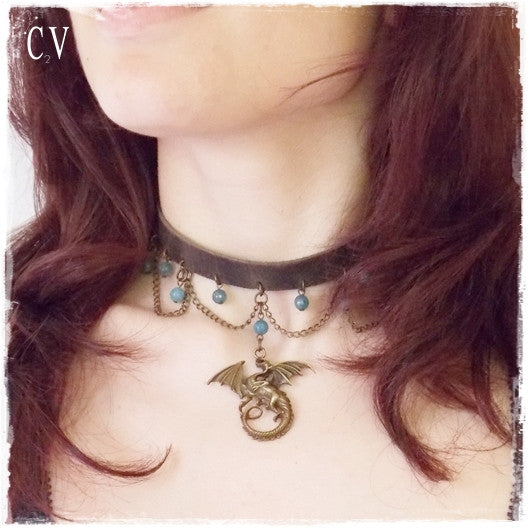 Dragon Leather Choker with Aquamarine Stones