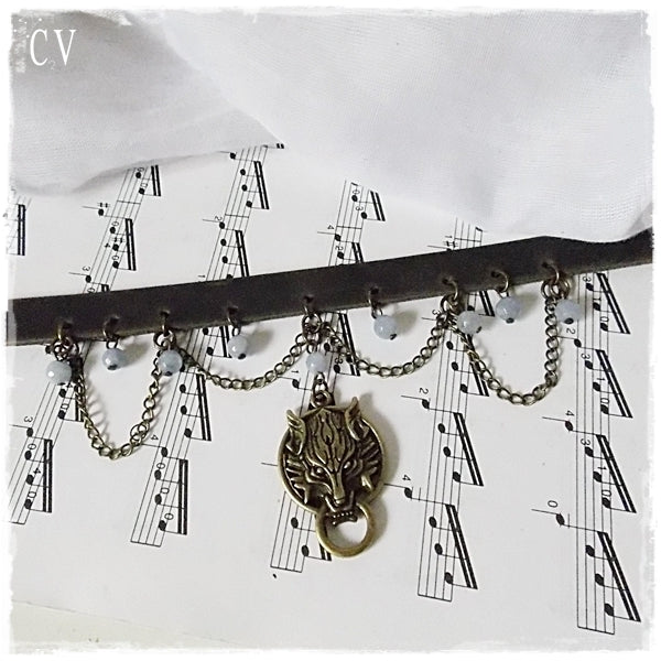 Aquamarine Wolf Leather Choker 