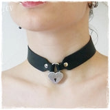 Heart Padlock Black Leather Collar