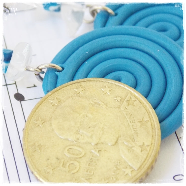 Blue Polymer Clay Earrings with Quartz Beads