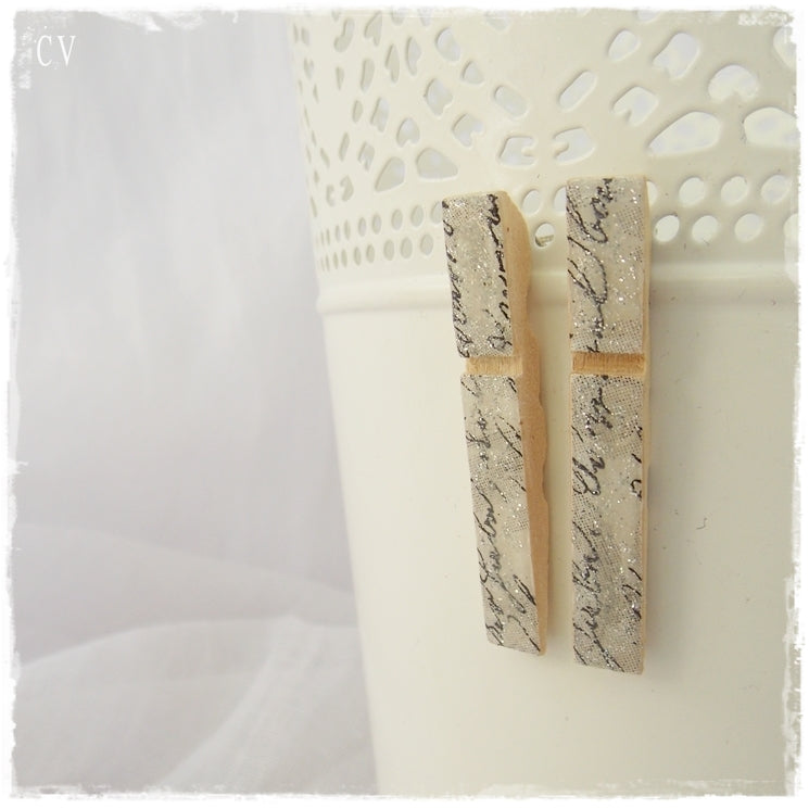 Wooden Cloth Peg Earrings With Decoupage