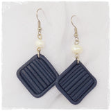 Navy Blue Polymer Clay Earrings with Fresh Water Pearls