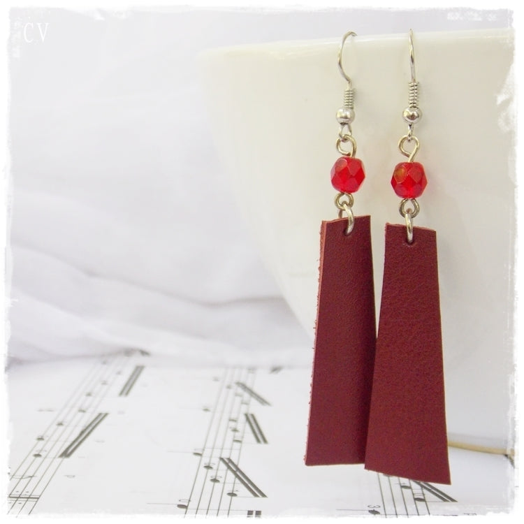 Long Wine Red Leather Earrings