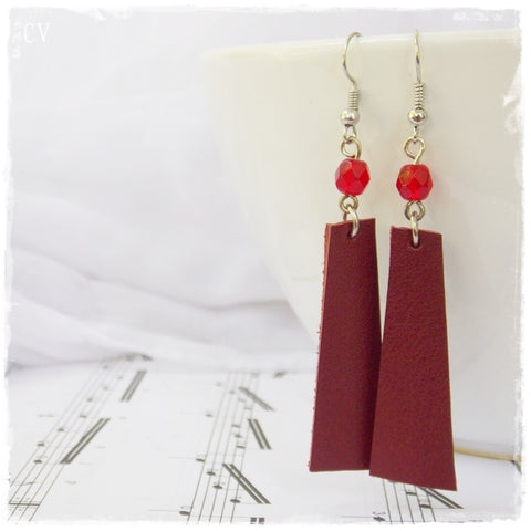 Long Wine Red Leather Earrings