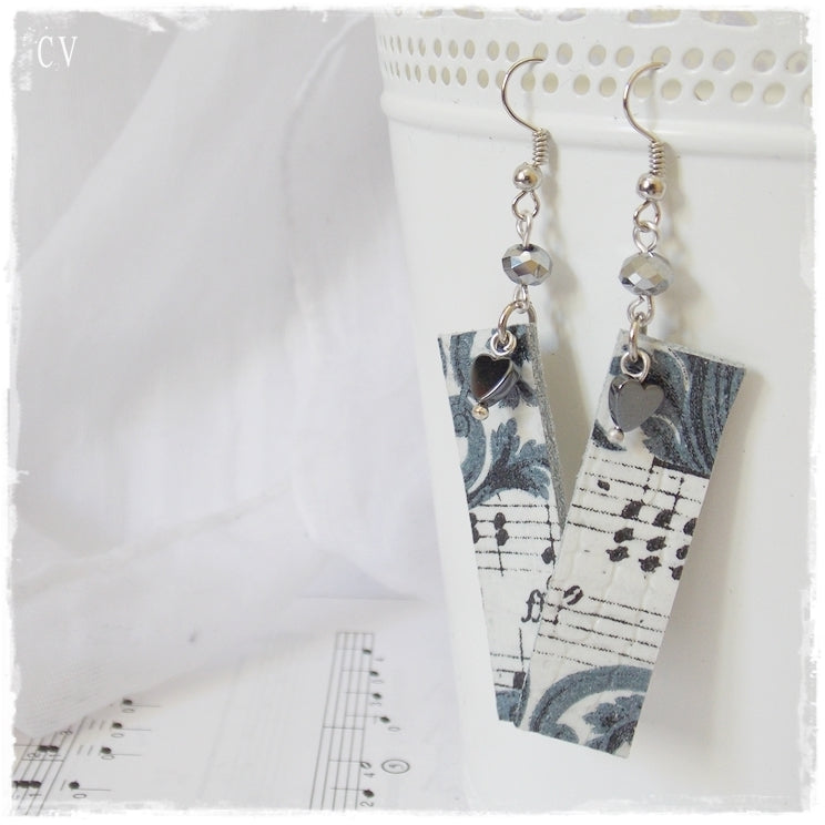 Hematite Heart Decoupage Earrings