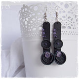 Extra Long Dagnling Black Earrings with Amethyst Stones