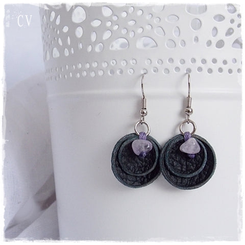 Gothic Amethyst Stone Leather Earrings 