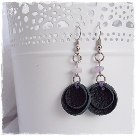 Round Light Black Leather Earrings