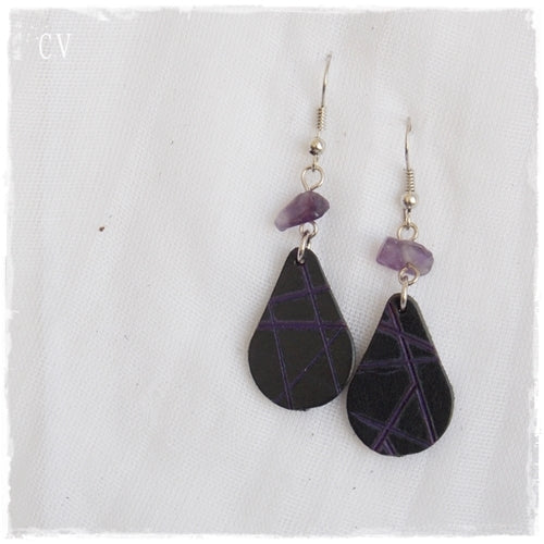 Gothic Black Leather Amethyst Earrings