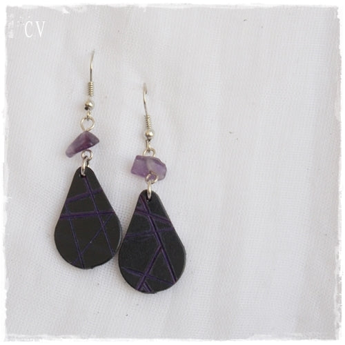 Amethyst Teardrop Leather Earrings