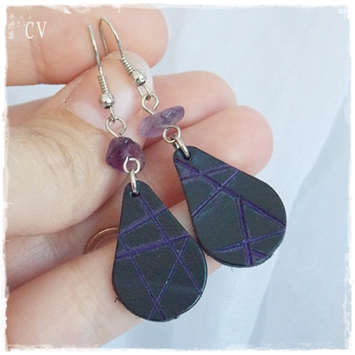 Long Teardrop Black Leather Earrings