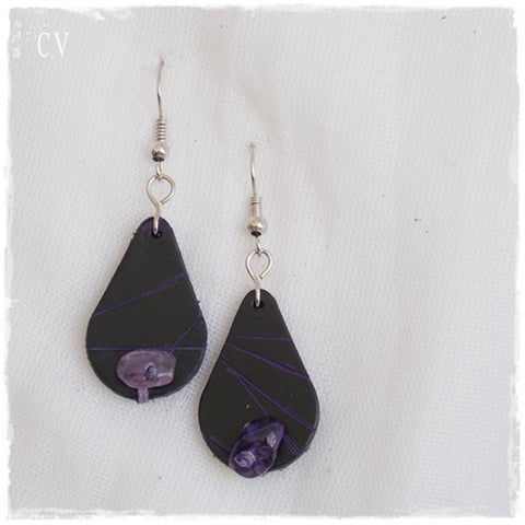 Teardrop Amethyst Leather Earrings