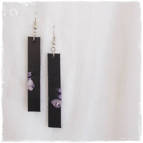 Amethyst Bar Black Leather Earrings