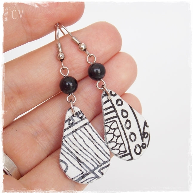 Black White Leather Drop Earrings