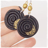 Black Spiral Earrings with Crescent Moon