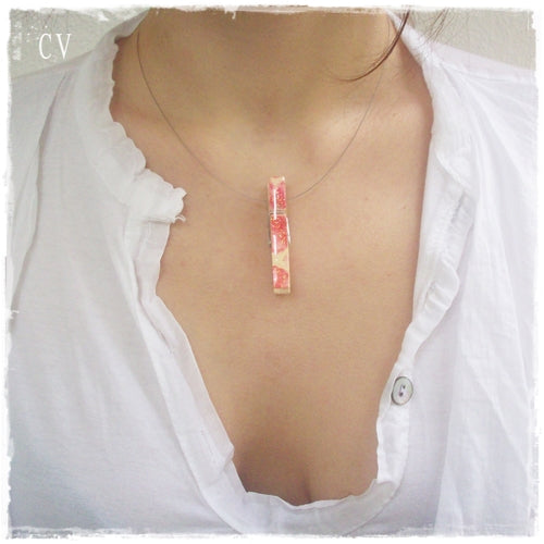 Red Poppies Wooden Pendant Necklace