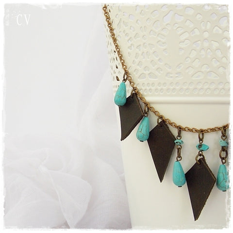 Beaded Turquoise Leather Gypsy Necklace