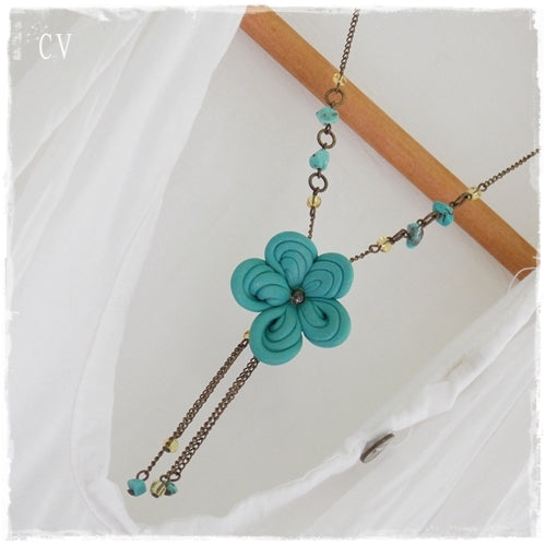 Extra Long Beaded Turquoise Polymer Clay Flower Necklace