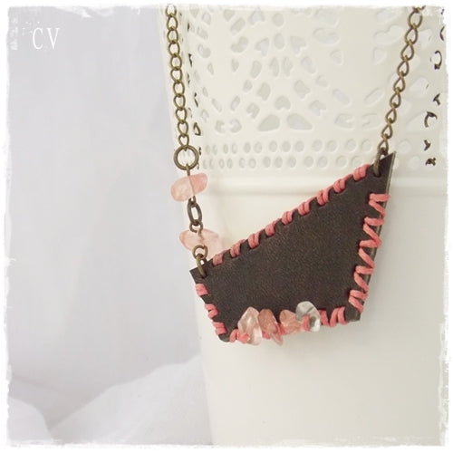 Up-Cycled Rustic Leather Bib Necklace with Agate
