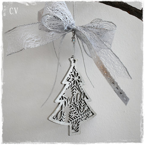 All Silver Wooden Tree Ornament 2023