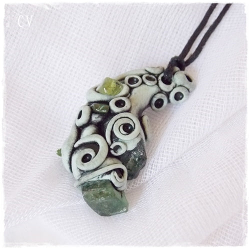 Green Apatite and Peridot Polymer Clay Pendant