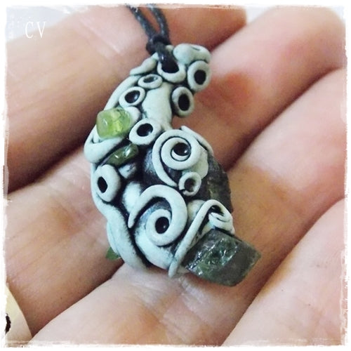 Green Apatite and Peridot Polymer Clay Pendant