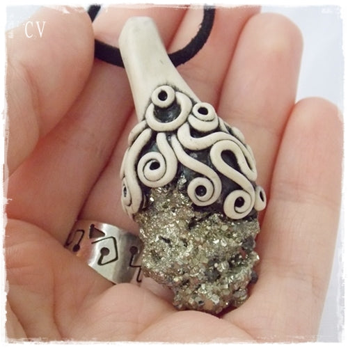 Raw Pyrite Polymer Clay Pendant Necklace