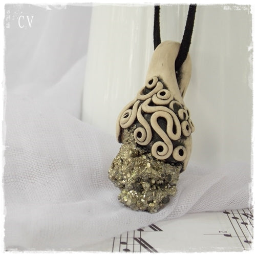 Raw Pyrite Polymer Clay Pendant Necklace