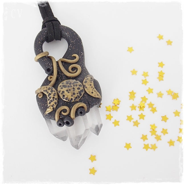 Triple Moon Raw Quartz Pendant Necklace