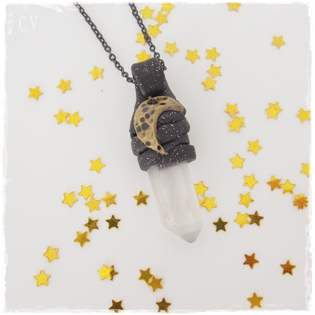 Quartz Wand Crescent Moon Necklace