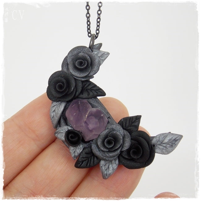 Amethyst Crystal Polymer Clay Moon Necklace