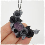 Black Rose Crescent Moon Necklace