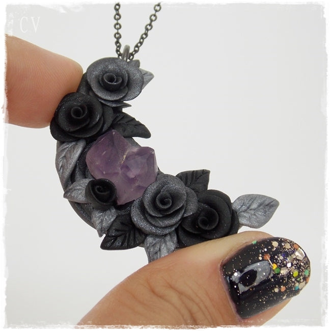 Artistic Polymer Clay Amethyst Pendant Necklace