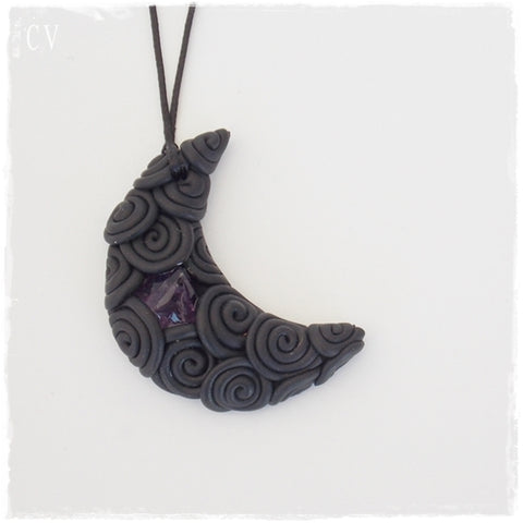 Crescent Moon Amethyst Polymer Clay Pendant