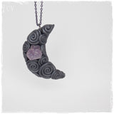 Silver Black Crescent Moon Amethyst Necklace