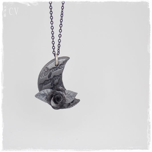 Crescent Moon Rose Pendant Necklace
