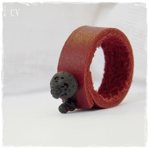 Volcanic Rock Leather Ring win Red