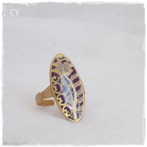 Gothic Brass Ring with Dark Purple Polymer Clay