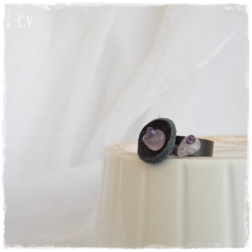 Amethyst Crystal Black Leather Ring
