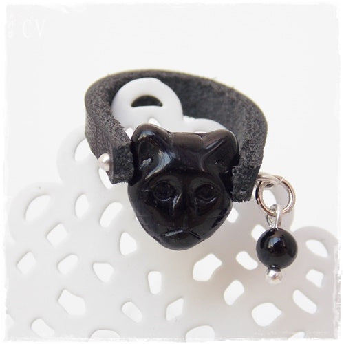 Black Cat Leather Ring